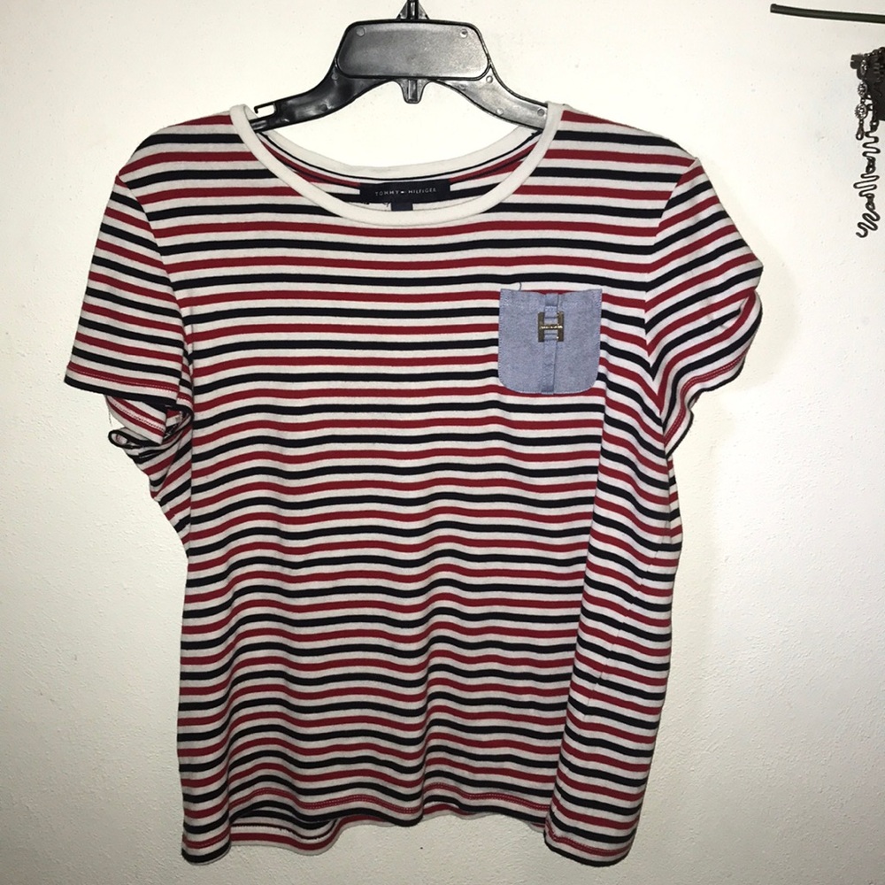 Stripped red, black, and white shirt